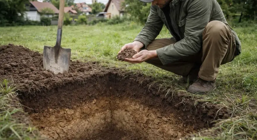 Mężczyzna bada gleby pochodzenia mineralnego, trzymając grudkę ziemi w dłoniach. Obok stoi łopata.