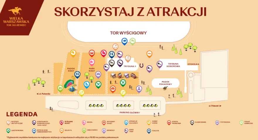 Mapa atrakcji na Wielkiej Warszawskiej Tor Służewiec: tor wyścigowy, park biały, padoki, trybuny, gastronomia, atrakcje dla dzieci i wiele więcej.