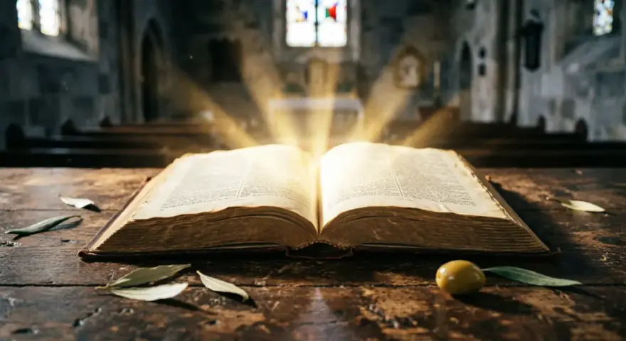An open Bible on a wooden table, bathed in divine light. This image evokes the spiritual guidance and wisdom found within, touching on the rebuke meaning in the Bible.