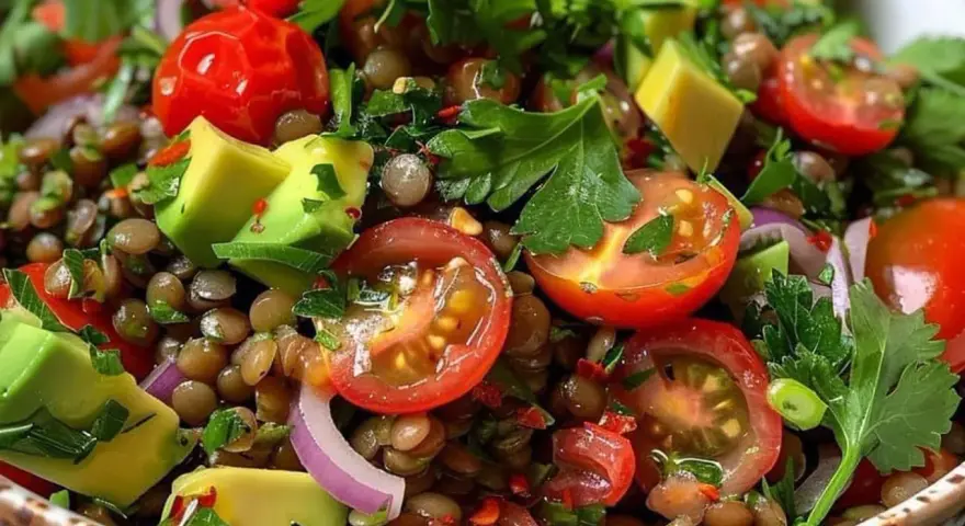 Fresca insalata di lenticchie estiva con pomodorini, avocado, cipolla rossa e prezzemolo.