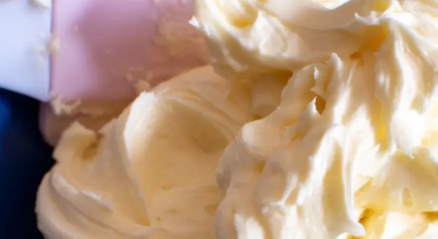 Puszysty, prosty krem z mascarpone bez śmietany, idealny do deserów. Widać go na niebieskim tle, obok różowej łopatki.