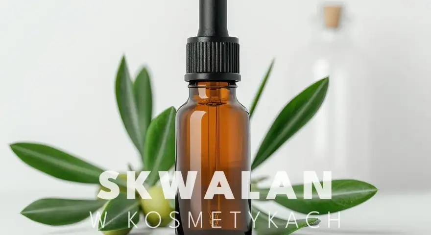 Brązowa buteleczka z pipetą, gałązka oliwna i tekst "SKWALAN W KOSMETYKACH". Skwalan to cenny składnik pielęgnacyjny.