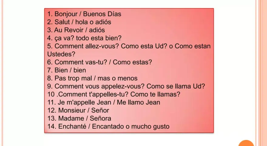 Lista de frases en francés y español. La número 2, "Salut", significa "hola o adiós" en español.