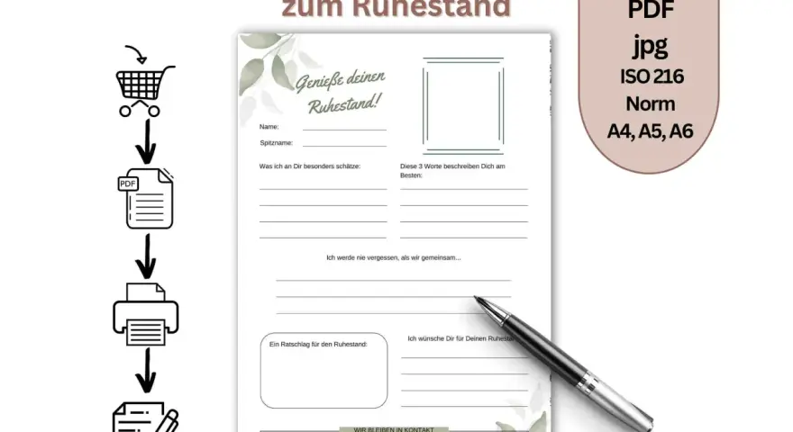 Abschiedsgeschenk zum Ruhestand: Eine freundebuch vorlage zum Ausfüllen mit Feldern für Name, Spitzname, Erinnerungen und Wünsche.