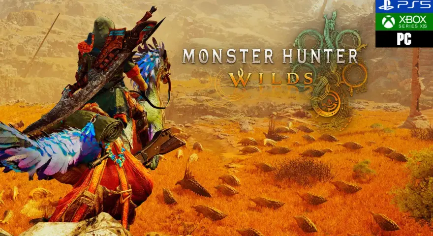 Cazador con armadura colorida y gran espada, montado en una criatura emplumada, en un paisaje desértico con muchas criaturas pequeñas. Monster Hunter Wilds.