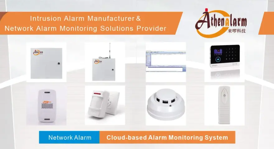 Athena Alarm offers network alarm monitoring solutions, showcasing control panels, motion sensors, smoke detectors, and keypads for comprehensive security.