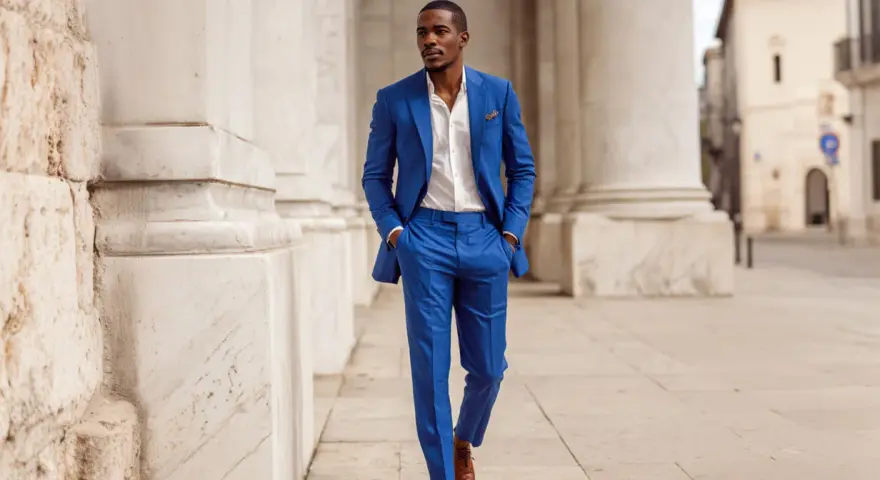 Uomo elegante con abito blu cerimonia, camicia bianca e scarpe marroni. Gli accessori completano il look.