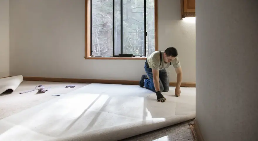 Un hombre instala una moqueta nueva en una habitación vacía. La moqueta es de color crema y se desenrolla por el suelo.