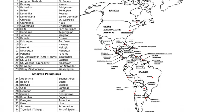 Mapa przedstawia kraje Ameryki Północnej i Południowej z ich stolicami. Zaznaczone są m.in. Kanada, USA, Meksyk, Brazylia, Argentyna.