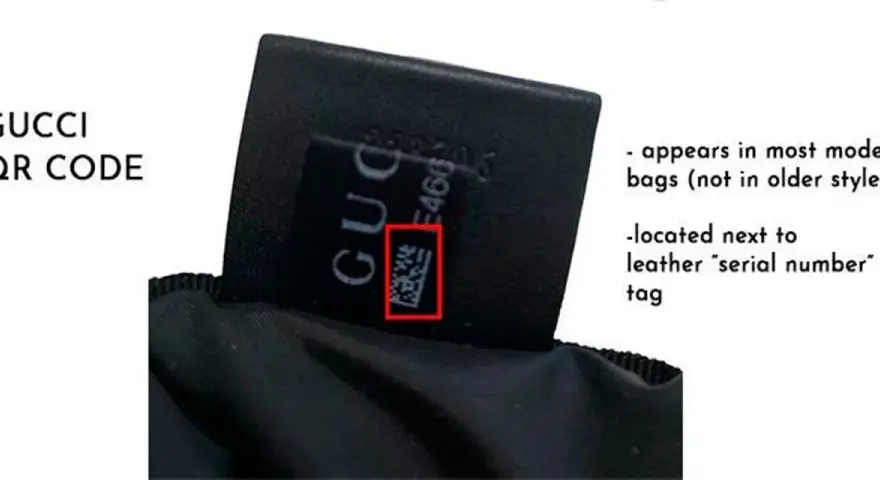 QR kod na metce torebki Gucci, potwierdzający jej oryginalność. Znajduje się obok numeru seryjnego.