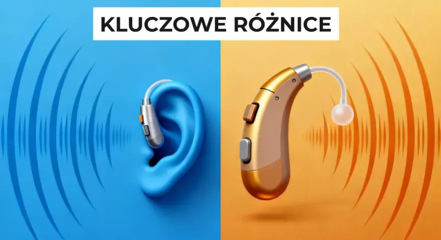 Grafika porównująca implant ślimakowy w uchu z aparatem słuchowym.