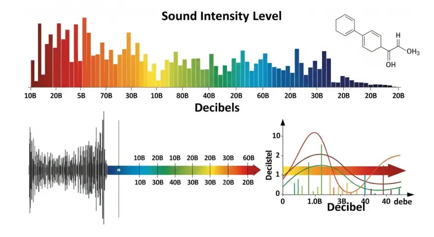 Graphiques illustrant le niveau d'intensité sonore, avec une échelle de seuil décibel colorée et des courbes représentant des variations.