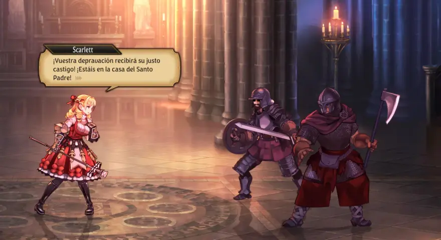 Scarlett, en el mundo de Unicorn Overlord, se enfrenta a dos guardias en una catedral.
