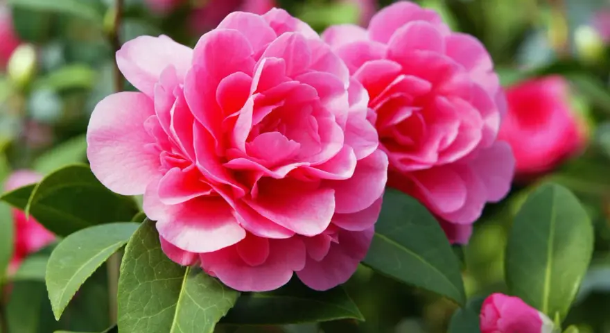 Zwei leuchtend pinke Kamelienblüten mit grünen Blättern. Ein schöner kamelie standort im Garten.