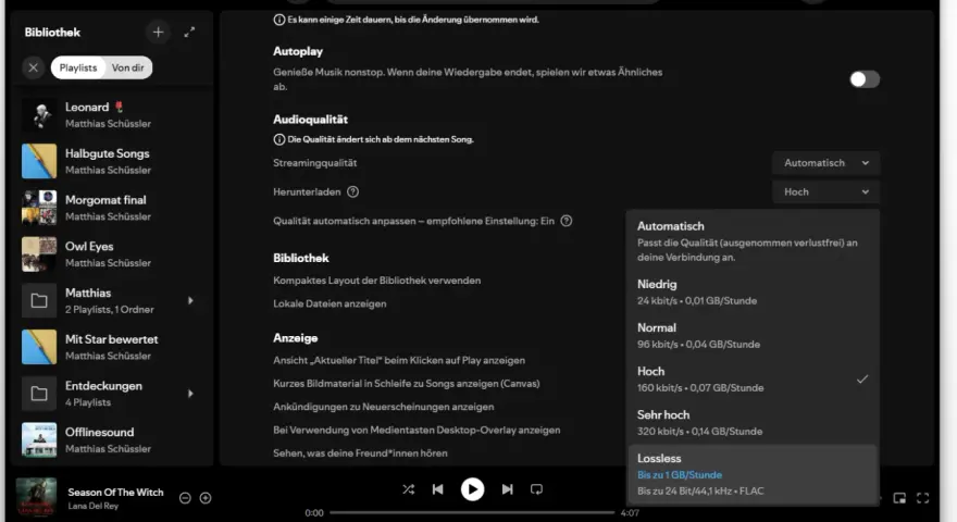 Spotify-Einstellungen zeigen Optionen für die spotify music quality, von niedrig bis verlustfrei.