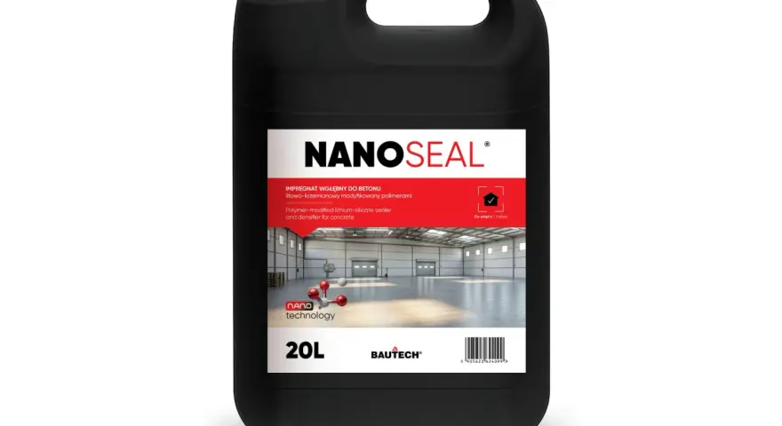 Czarny kanister z preparatem NANOSEAL do impregnacji betonu. Produkt zapewnia ochronę i wzmocnienie posadzek przemysłowych.