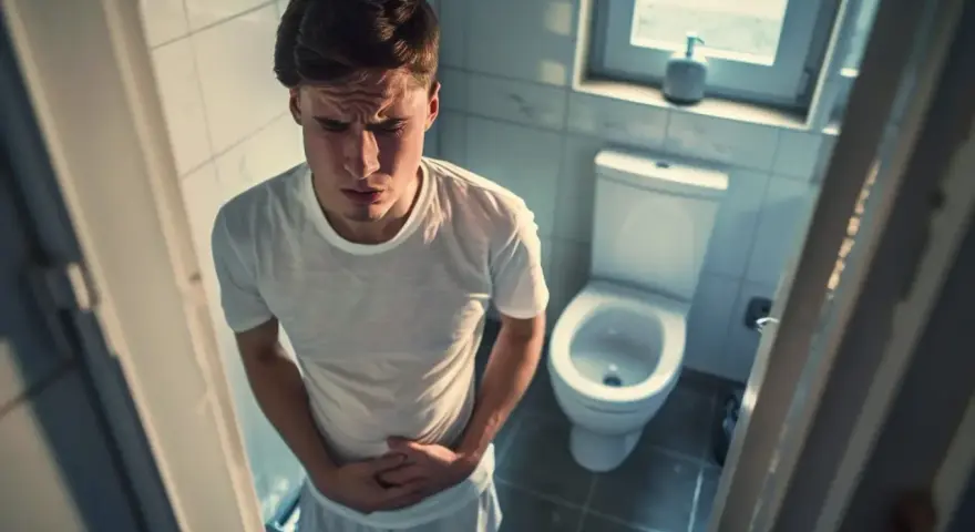 Młody mężczyzna w łazience, trzymający się za brzuch, zaniepokojony objawami, takimi jak śluz w kale.