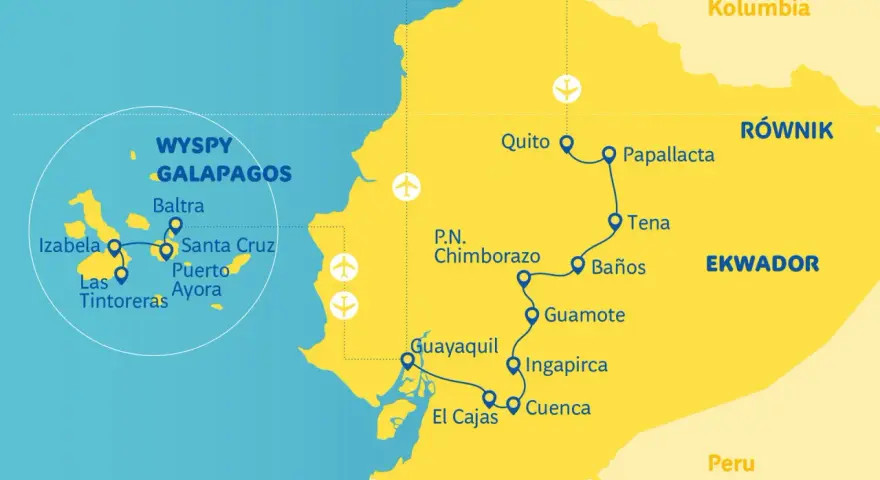 Mapa pokazuje położenie Ekwadoru, z zaznaczonymi miastami jak Quito, Guayaquil, Cuenca oraz Wyspami Galapagos.