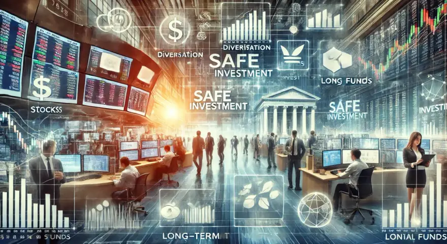 Wielowymiarowa wizja finansów: ludzie pracują przy monitorach, wykresy, symbole dolara i hasła "Safe Investment" tworzą obraz dziesiątka finanse.