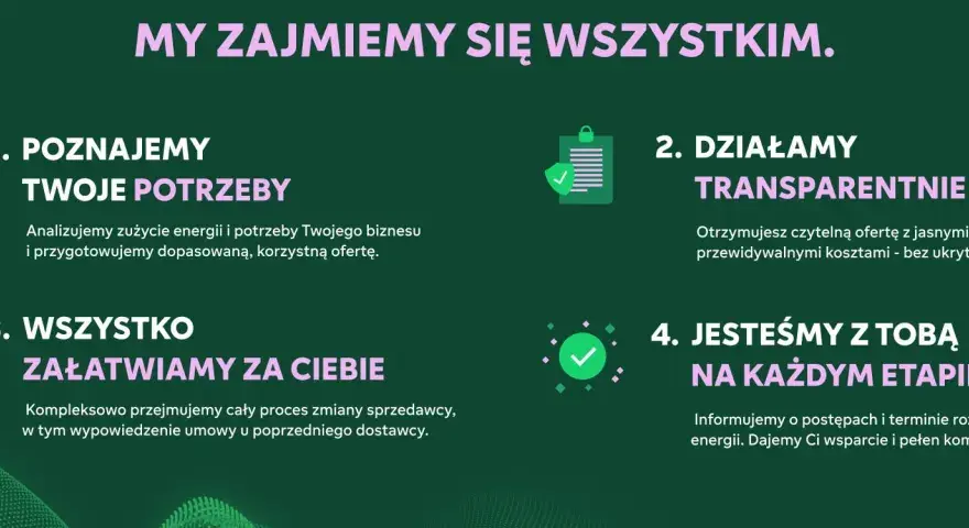Fortum energia: poznajemy Twoje potrzeby, działamy transparentnie, załatwiamy wszystko za Ciebie i jesteśmy z Tobą na każdym etapie.