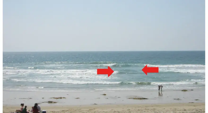 Dwie czerwone strzałki wskazują na prąd morski w Bałtyku, gdzie widać ludzi na plaży i w wodzie.