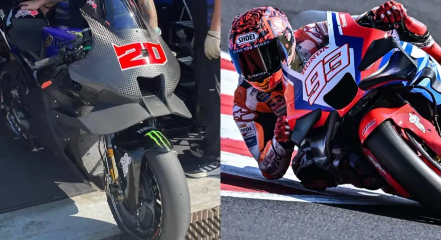 MotoGP: moto Yamaha numero 20 e moto Honda numero 93 in azione, forse durante un test a Misano.
