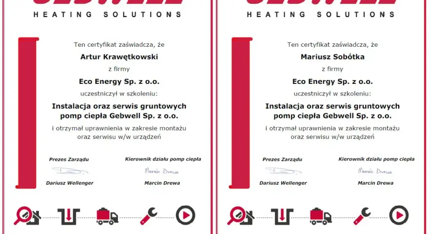 Certyfikat pompy ciepła dla Artura Krawętkowskiego i Mariusza Sobótki z firmy Eco Energy Sp. z o.o. potwierdzający uprawnienia do montażu i serwisu.