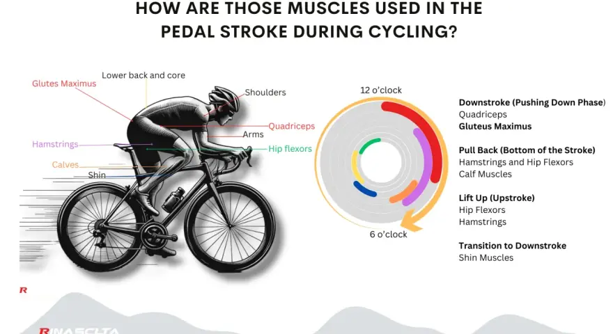 Diagram showing what muscles bike riding works: glutes, hamstrings, calves, shin, lower back, core, shoulders, arms, hip flexors, and quadriceps.