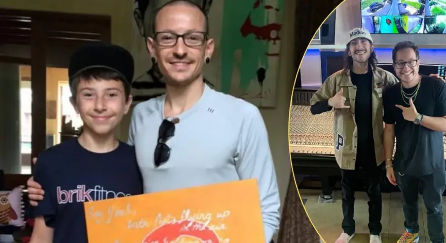 Draven Sebastian Bennington z fanem, a obok niego dwaj muzycy w studiu nagraniowym.