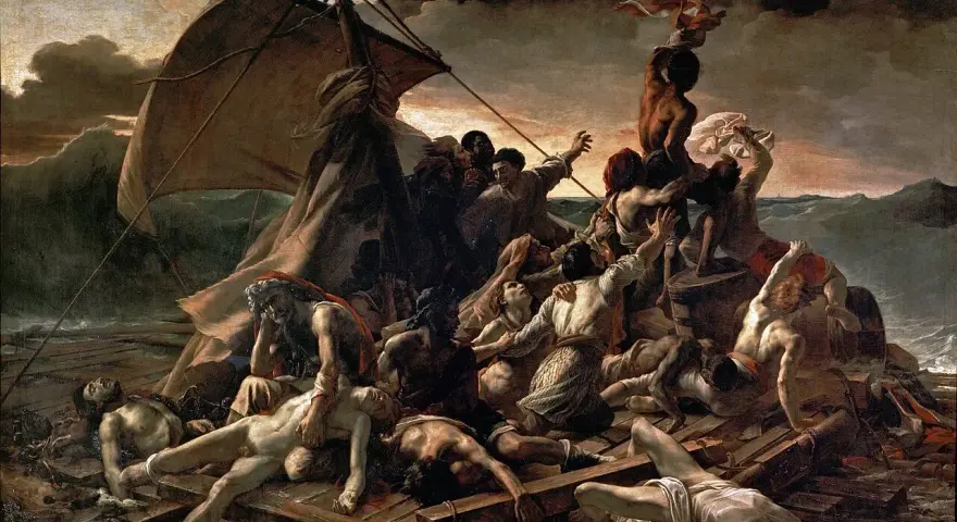 La balsa de la medusa: náufragos desesperados luchan por sobrevivir en un mar embravecido. Un comentario sobre la fragilidad humana y la esperanza.