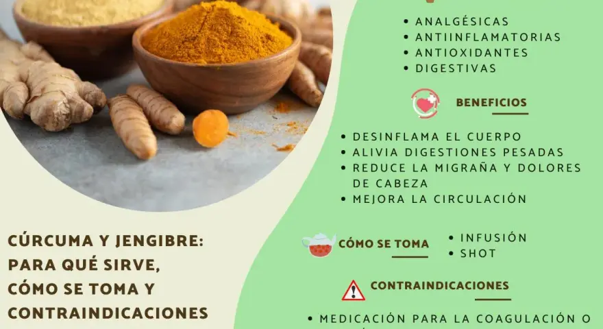 Jengibre y cúrcuma en polvo y raíces. Se detallan propiedades, beneficios y contraindicaciones del jengibre, como su uso en medicación para coagulación o presión arterial.
