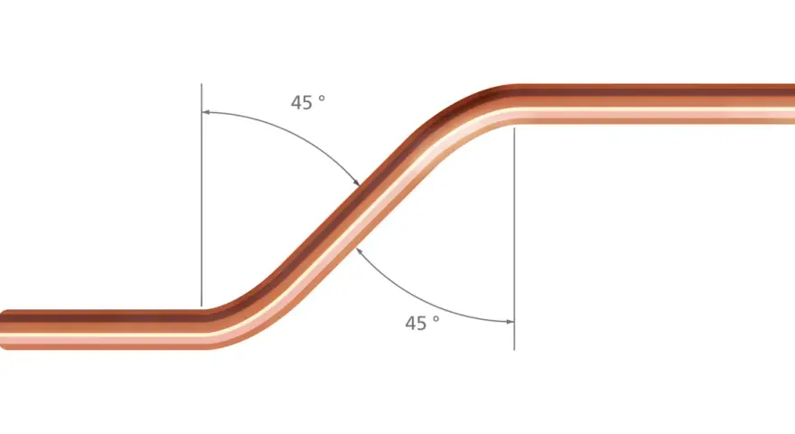 Illustration montrant comment cintrer un tube cuivre à 45 degrés. Le tube est courbé en deux sections distinctes.