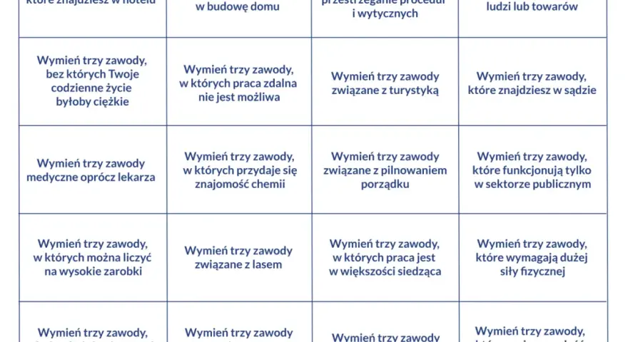 Tabela z kategoriami zawodów, np. "Wymień trzy zawody, które znajdziesz w hotelu" lub "Wymień trzy zawody, które wymagają dużej siły fizycznej".