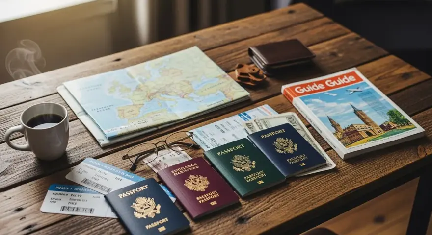 Passeports, billets d'avion, carte, guide et tasse de café sur une table en bois.