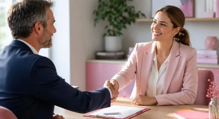 Un homme et une femme se serrent la main, souriants, autour d'un document. Une étape clé dans la procédure rupture conventionnelle salarié protégé.