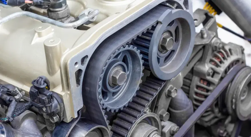 Close-up of a car timing belt system with gears and pulleys. This essential component ensures precise engine timing.