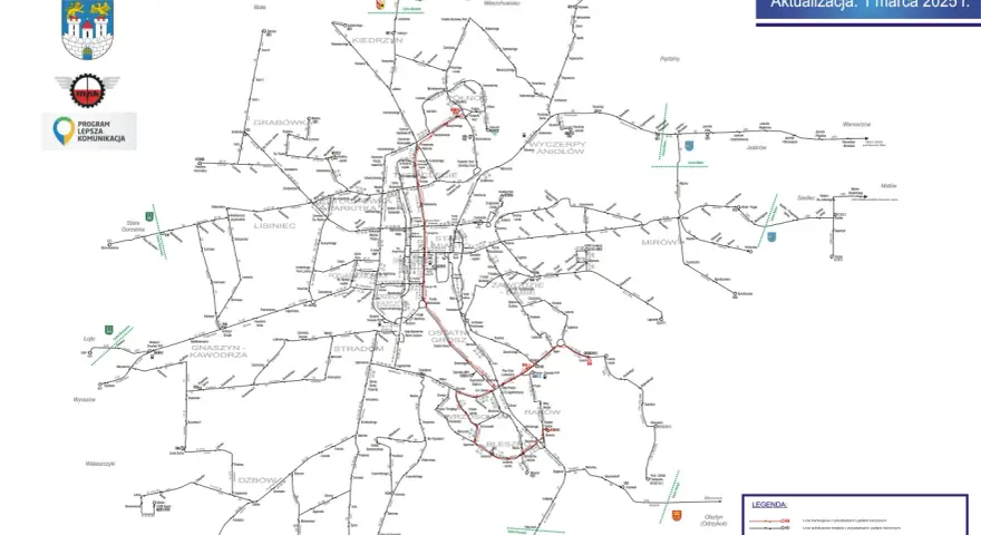 Schemat tras komunikacji miejskiej w Częstochowie, aktualizacja 1 marca 2025 r. GTV Częstochowa Blachownia rozkład jazdy.