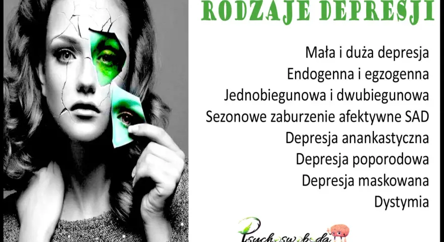 Kobieta z pękniętą twarzą, odsłaniającą zielone oczy, symbolizuje różne rodzaje depresji, takie jak endogenna, dwubiegunowa czy maskowana.