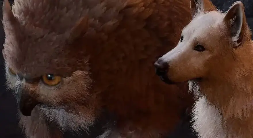 Un oso lechuza de BG3 con pelaje marrón y ojos amarillos intensos, junto a un lobo blanco y marrón.