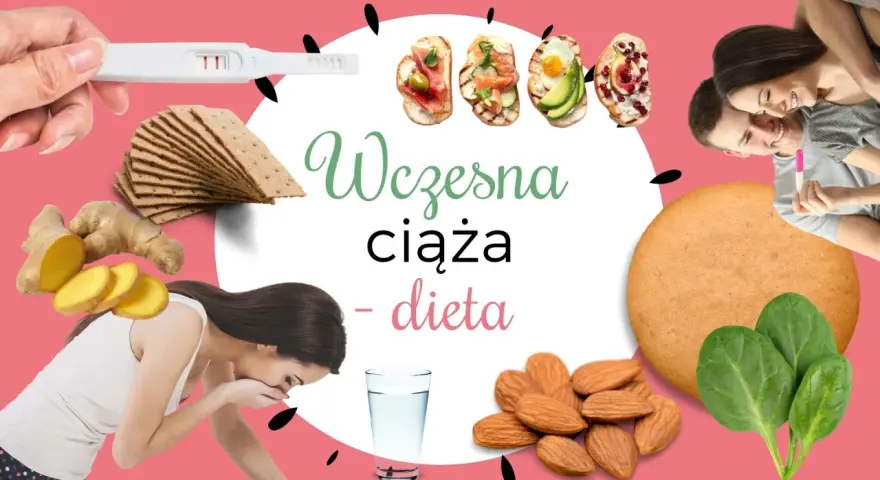 Wczesna ciąża - dieta: test ciążowy, imbir, chrupki, przekąski, migdały, szpinak, para z pozytywnym testem.