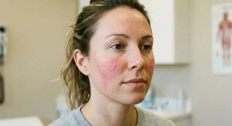 Femme avec rougeurs sur les joues, signe d'une barrière cutanée fragilisée.