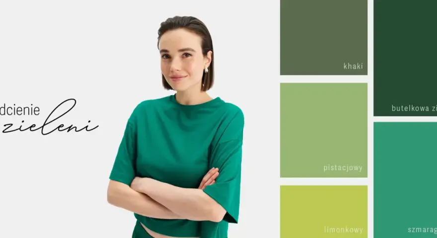 Modelka w butelkowej zieleni. Obok paleta barw: khaki, pistacjowy, limonkowy, szmaragdowy. Jaki kolor pasuje do butelkowej zieleni?