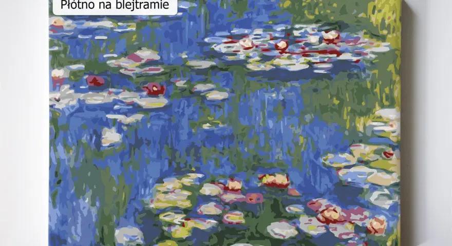 Płótno na blejtramie z motywem wodnych lilii, inspirowane dziełami francuskiego malarza Claude'a Moneta.