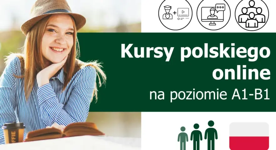 Uśmiechnięta dziewczyna w słomkowym kapeluszu i koszuli w paski, z książką i kawą. Obok napisy "Kursy polskiego online" i ikony symbolizujące naukę. Darmowy kurs języka polskiego dla obcokrajowców online.