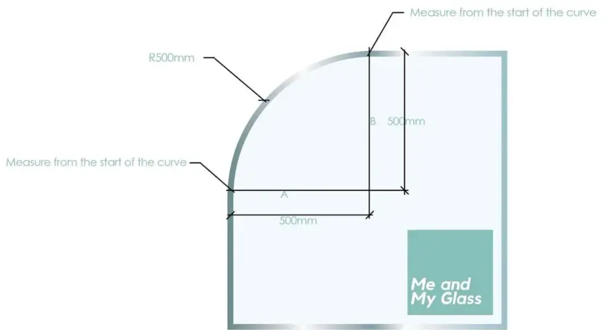 Diagram showing how to measure rounded corners with R500mm radius and 500mm measurements.