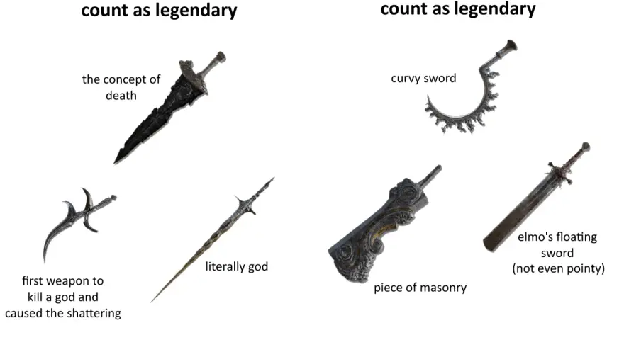 Armas legendarias de Elden Ring: una espada curva, una pieza de mampostería y la espada flotante de Elmo.