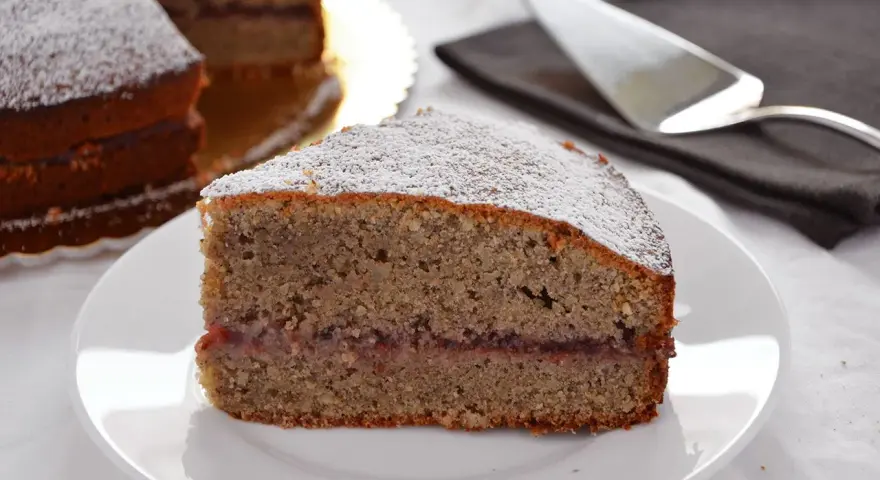 Una fetta di torta grano saraceno trentino, con marmellata e zucchero a velo, su un piatto bianco.