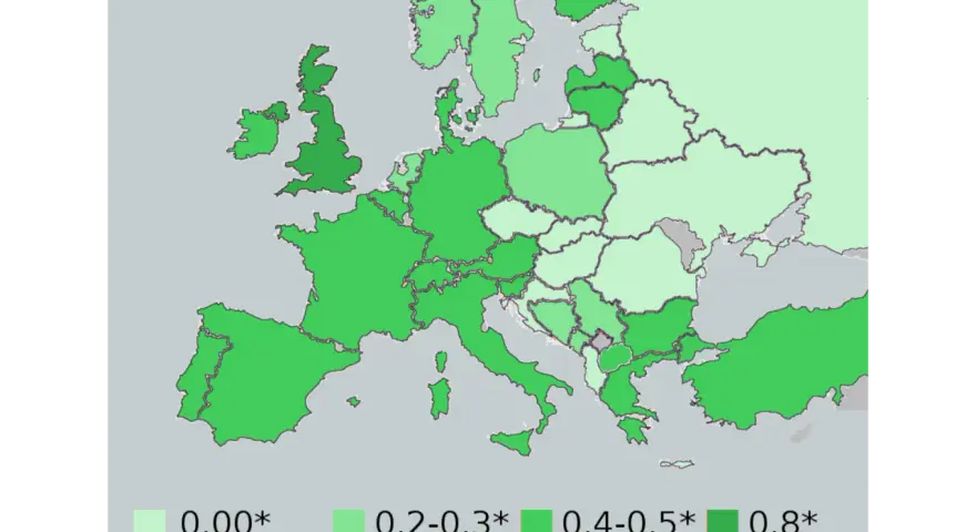 Mapa Europy z zaznaczonymi dopuszczalnymi ilościami alkoholu we krwi. Polska ma kolor zielony, co oznacza 0,2-0,3 promila.