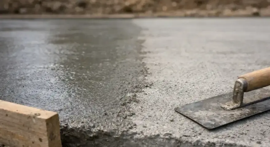 Świeżo wylany, mokry beton czeka na wykończenie. Obok leży kielnia, gotowa do pracy. Szybki beton to podstawa solidnej budowy.