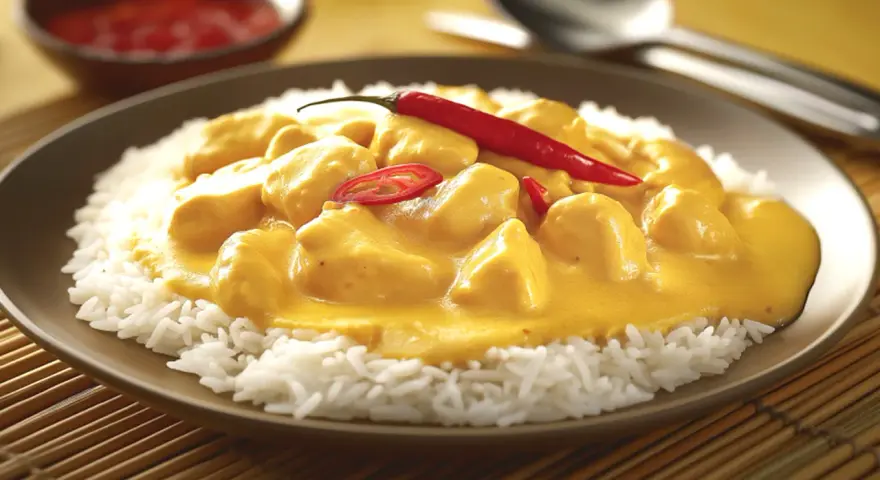 Straccetti di pollo al curry su un letto di riso bianco, guarniti con peperoncino rosso fresco. Un piatto invitante e saporito.